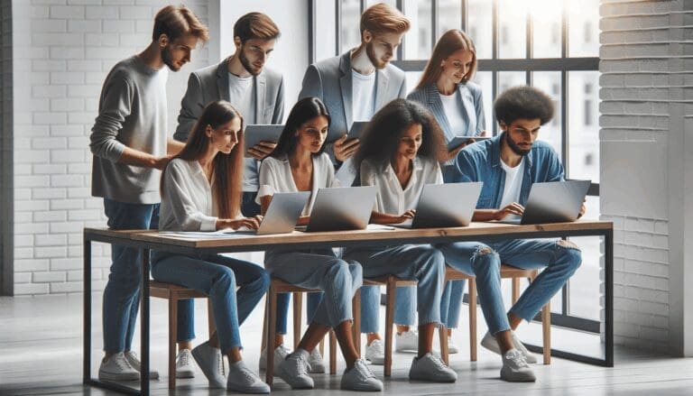 Equipo multicultural de jóvenes emprendedores colaborando en laptops en una sala moderna y luminosa.