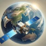 Fotografía de un satélite moderno sobre la Tierra, con fondos azules y verdes en vista espacial.