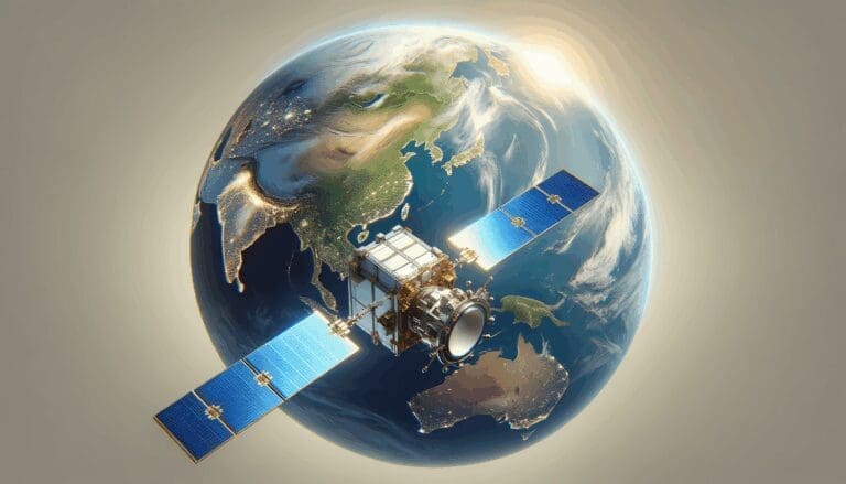 Fotografía de un satélite moderno sobre la Tierra, con fondos azules y verdes en vista espacial.