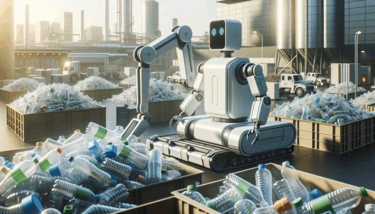 Robot de reciclaje automatizado en funcionamiento, con botellas plásticas apiladas a su alrededor en un entorno urbano moderno.