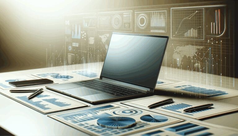 Computadora portátil sobre mesa de trabajo, gráficos de datos y ambiente tecnológico profesional.