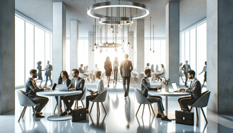 Espacio de coworking moderno con emprendedores colaborando y laptops sobre mesas blancas.