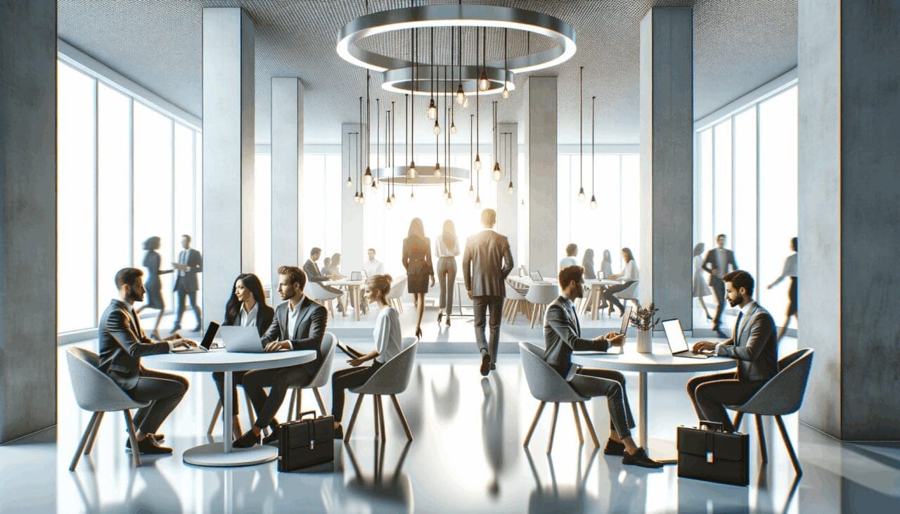 Espacio de coworking moderno con emprendedores colaborando y laptops sobre mesas blancas.