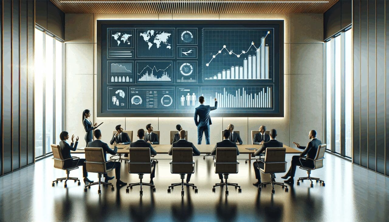 Sala de reuniones moderna con líderes empresariales analizando gráficos tecnológicos en una pantalla grande.