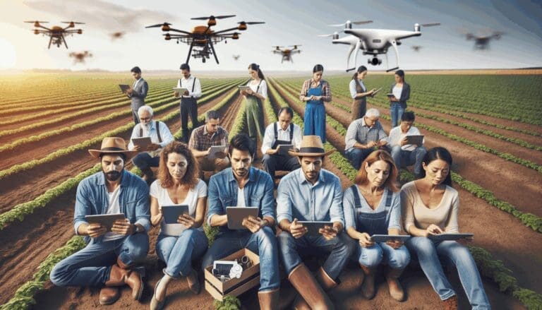 Grupo de emprendedores rurales usando tablets en un campo moderno con drones y sensores visibles