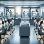 Primer plano de laboratorio biotecnológico moderno con científicos trabajando y equipos de alta tecnología.