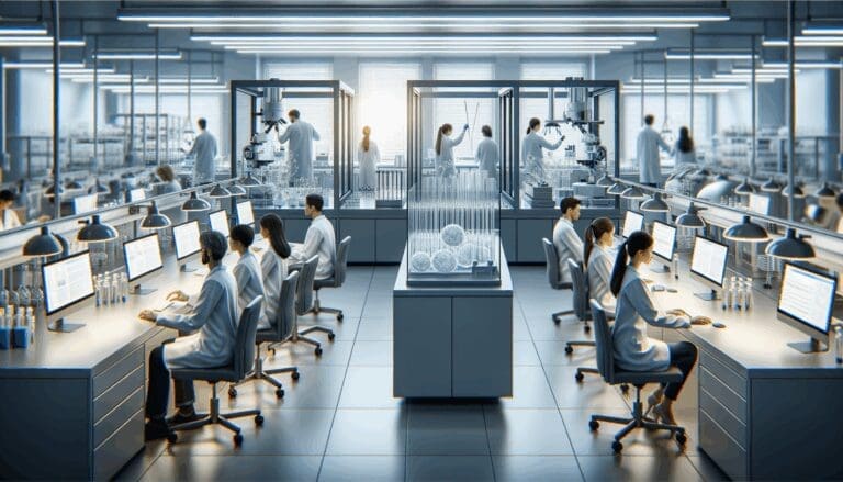 Primer plano de laboratorio biotecnológico moderno con científicos trabajando y equipos de alta tecnología.