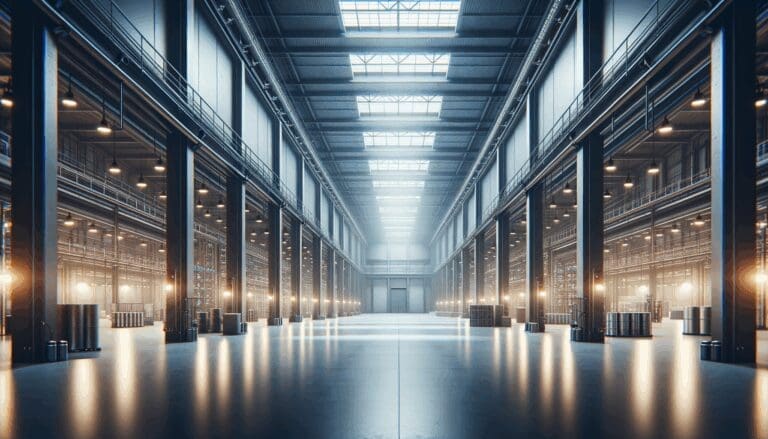 Fotografía editorial de una fábrica tecnológica moderna y vacía con luces tenues.