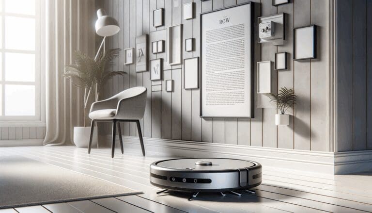 Primer plano de un robot aspirador moderno en una sala luminosa, ambiente minimalista y tecnológico.