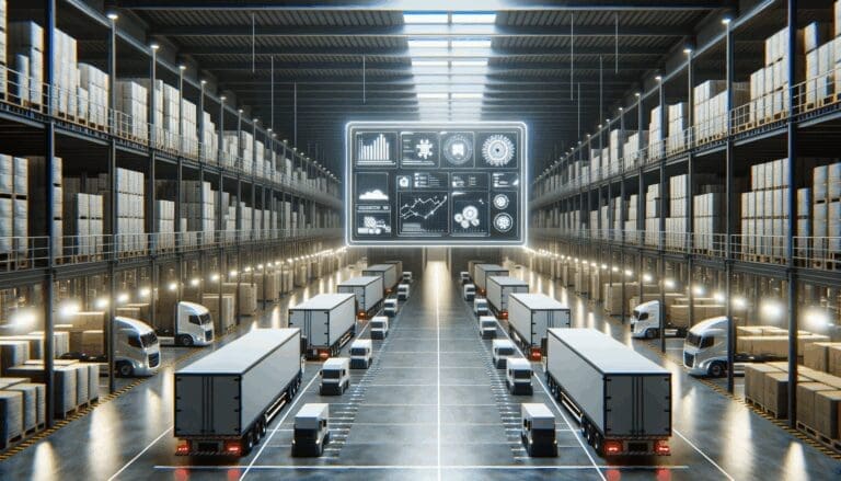 Fotografía de un almacén moderno con camiones y pantallas digitales de logística.
