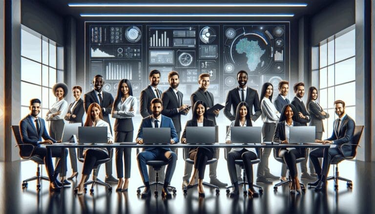 Equipo tecnológico colaborando frente a pantallas con gráficos futuristas en una oficina moderna