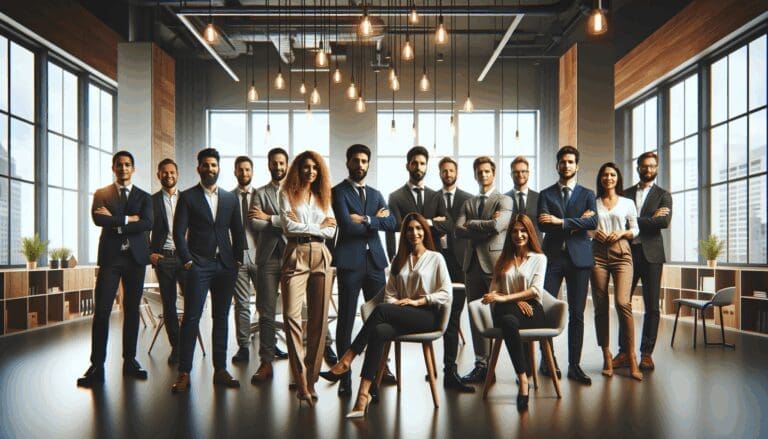 Grupo de emprendedores reunidos en un moderno centro de innovación junto a ejecutivos latinoamericanos.