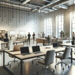 Oficina moderna de startup con ambiente colaborativo y computadoras portátiles sobre mesas compartidas.