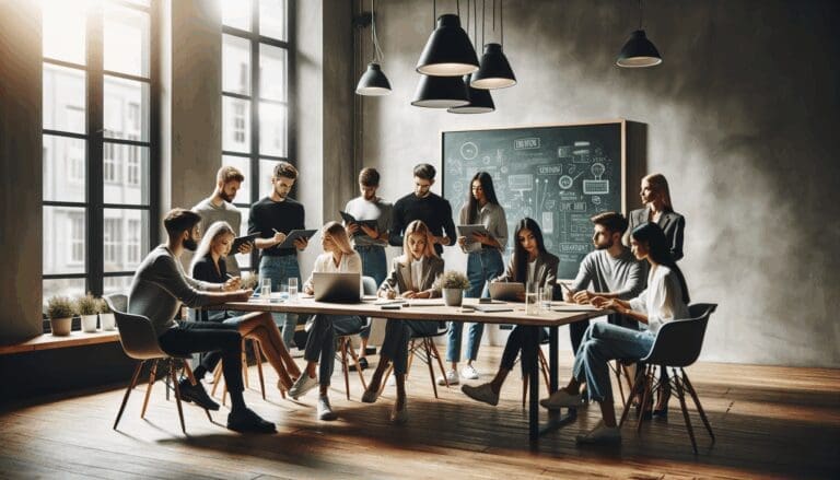 Grupo de jóvenes emprendedores discutiendo ideas en un espacio moderno con pizarras y dispositivos tecnológicos.