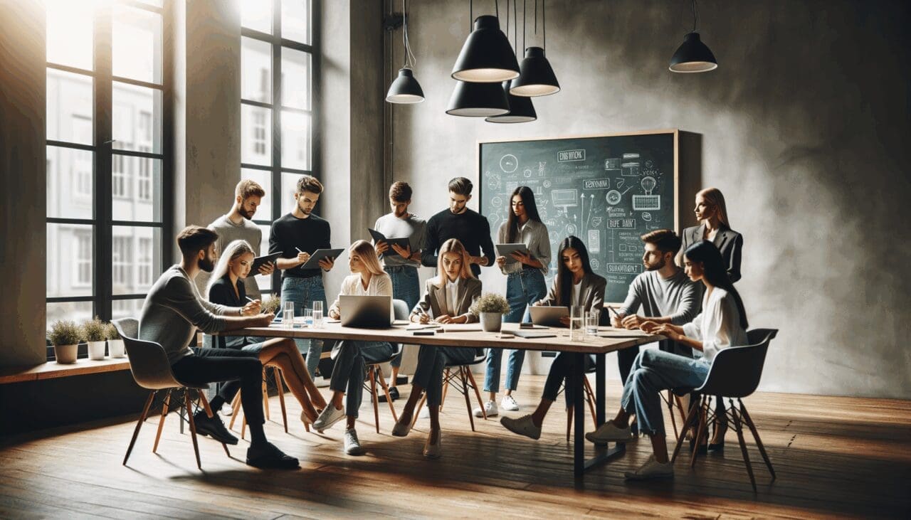 Grupo de jóvenes emprendedores discutiendo ideas en un espacio moderno con pizarras y dispositivos tecnológicos.