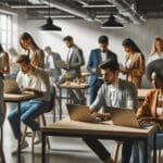 Equipo diverso de emprendedores trabajando en laptops en un espace de coworking tecnológico moderno.