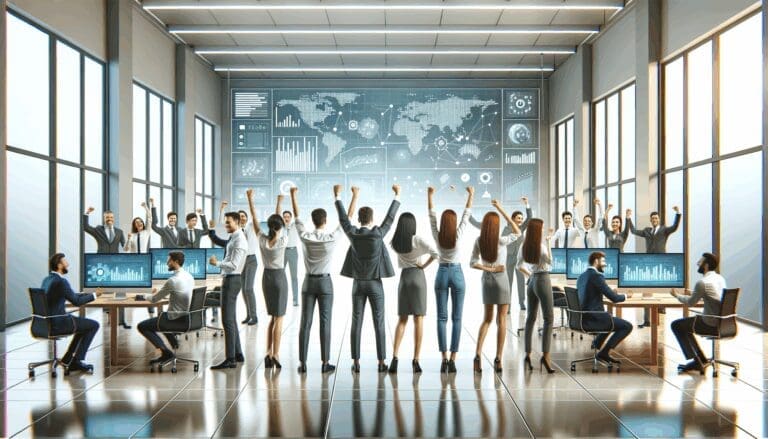 Equipo de emprendedores celebrando en una oficina moderna con pantallas digitales.