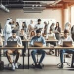 Espacio de coworking moderno con jóvenes emprendedores usando computadoras portátiles y pizarras digitales.