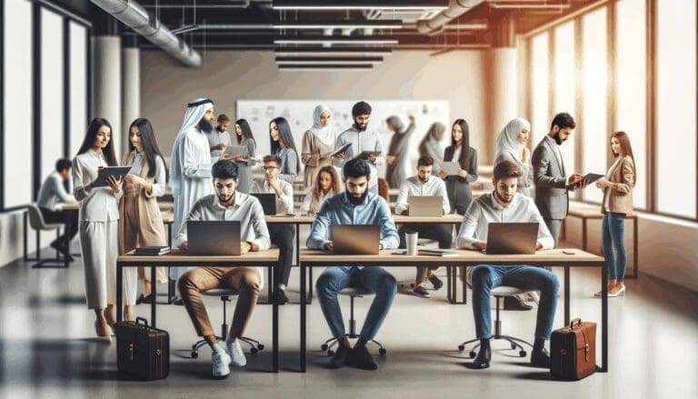 Espacio de coworking moderno con jóvenes emprendedores usando computadoras portátiles y pizarras digitales.