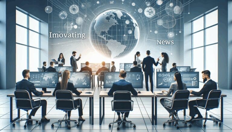 Oficina tecnológica moderna con emprendedores colaborando en computadoras y pantallas, ambiente innovador.