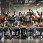 Jóvenes sentadas frente a computadoras en un espacio coworking moderno, ambiente tecnológico.