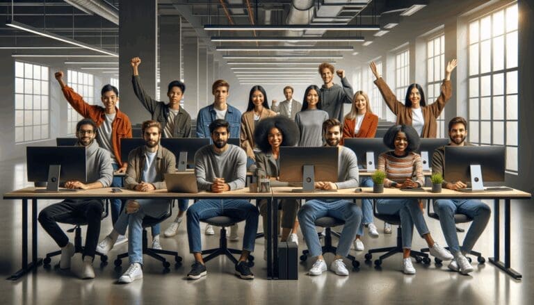 Jóvenes sentadas frente a computadoras en un espacio coworking moderno, ambiente tecnológico.