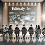 Equipo de emprendedores en una sala de reuniones moderna, frente a pantallas digitales.