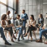 Grupo diverso de emprendedores conversando en un espacio moderno de coworking durante un evento.