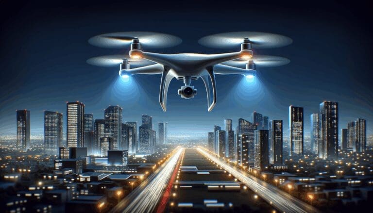 Drone autónomo sobrevolando una ciudad moderna, ambiente nocturno con luces urbanas.
