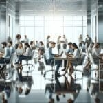 Oficina moderna con jóvenes emprendedores colaborando en laptops, ambiente luminoso y tecnológico.