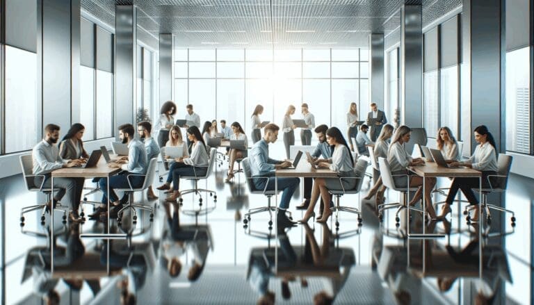 Oficina moderna con jóvenes emprendedores colaborando en laptops, ambiente luminoso y tecnológico.