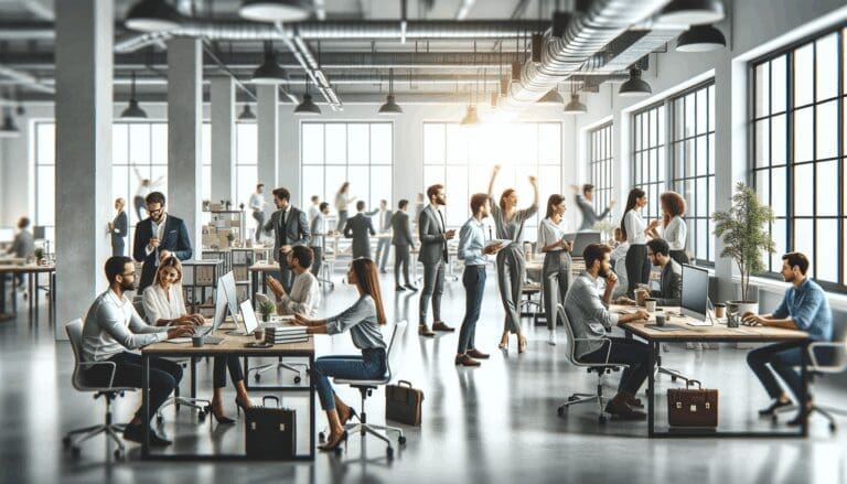 Oficina moderna de coworking llena de emprendedores colaborando y trabajando en equipo.