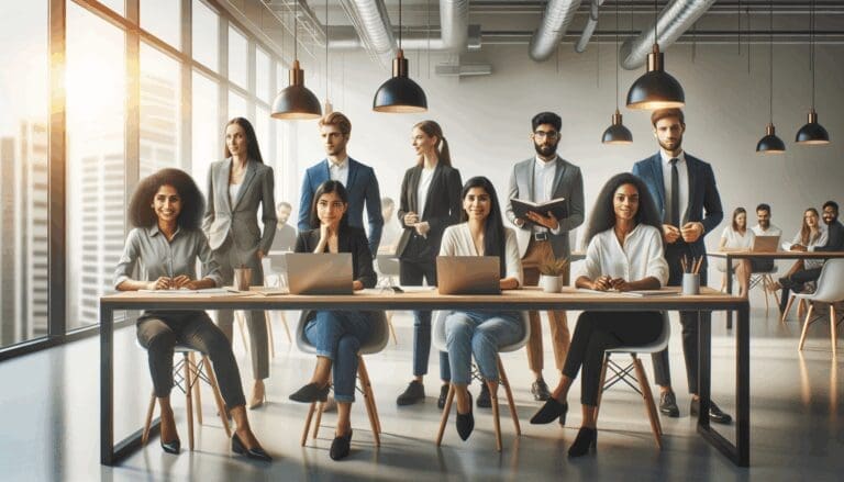 Equipo diverso de emprendedores colaborando en un espacio de coworking moderno y luminoso.