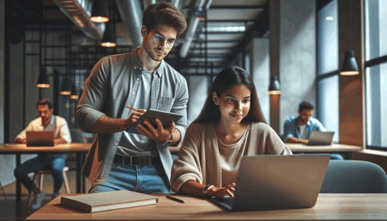 Jóvenes emprendedores trabajando frente a computadores en un espacio moderno de coworking.