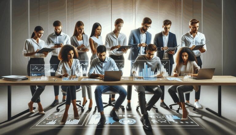 Grupo de emprendedores analizando datos y gráficos digitales en una oficina moderna y luminosa.