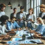 Equipo diverso trabajando en soluciones tecnológicas en un espacio moderno de coworking.