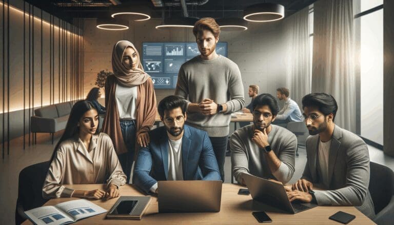 Grupo de jóvenes emprendedores colaborando en un coworking moderno con tecnología digital visible alrededor.
