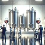 Laboratorio moderno con tanques de acero inoxidable y personas experimentando con copas de vino sin alcohol.