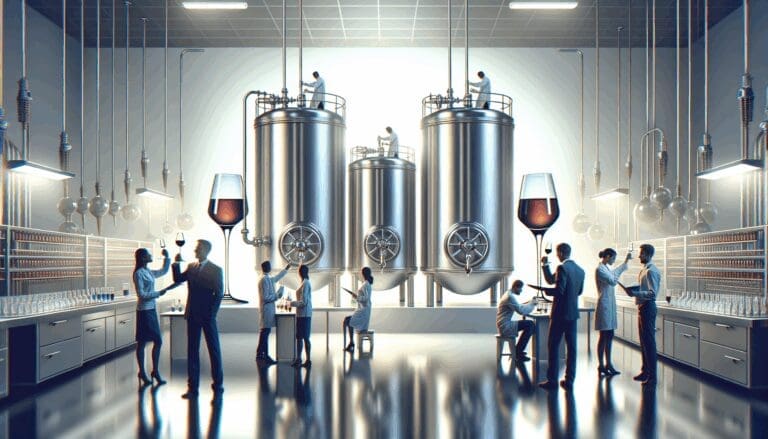 Laboratorio moderno con tanques de acero inoxidable y personas experimentando con copas de vino sin alcohol.
