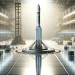 Primer plano de un cohete experimental en una base de lanzamiento, rodeado de equipo tecnológico moderno.