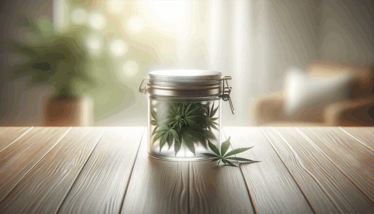 Tarro de CBD sobre una mesa limpia de madera, con fondo desenfocado suave y luz natural.