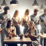 Personas usando smartphones para pagar en un restaurante moderno y luminoso