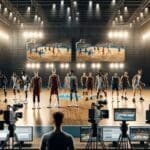 Deportistas profesionales compitiendo en una cancha iluminada con cámaras digitales y pantallas gigantes de fondo.