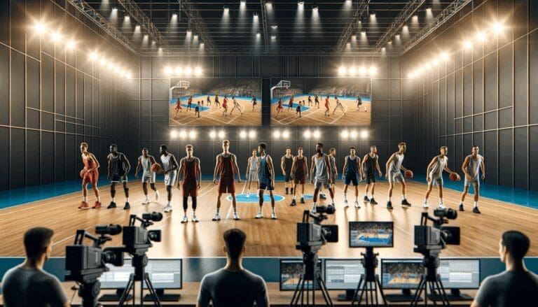 Deportistas profesionales compitiendo en una cancha iluminada con cámaras digitales y pantallas gigantes de fondo.