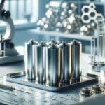 Primer plano de baterías de litio en laboratorio con instrumentos científicos de fondo, ambiente moderno e innovador.