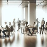 Emprendedores colaborando en un moderno espacio de coworking.