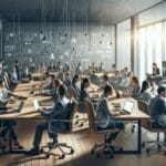 Sala de reuniones moderna llena de emprendedores colaborando en laptops, ambiente innovador y tecnológico.