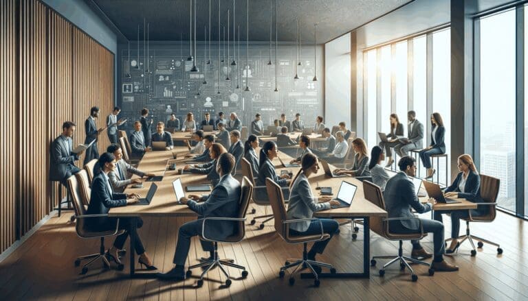 Sala de reuniones moderna llena de emprendedores colaborando en laptops, ambiente innovador y tecnológico.