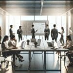 Emprendedores reunidos en un espacio de coworking moderno, laptops y pizarras digitales en primer plano.