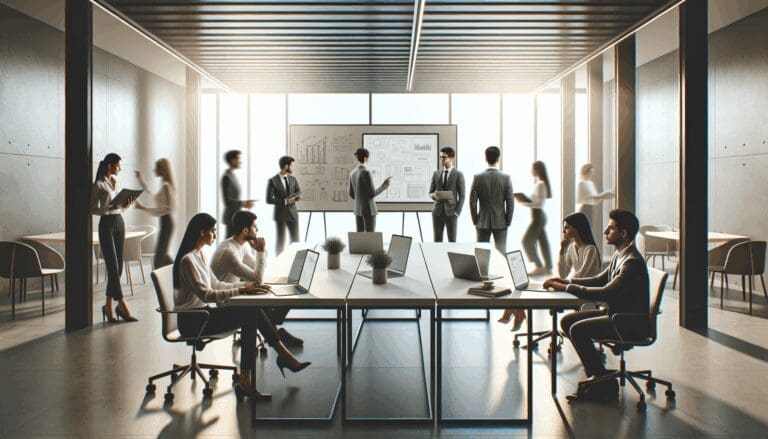 Emprendedores reunidos en un espacio de coworking moderno, laptops y pizarras digitales en primer plano.